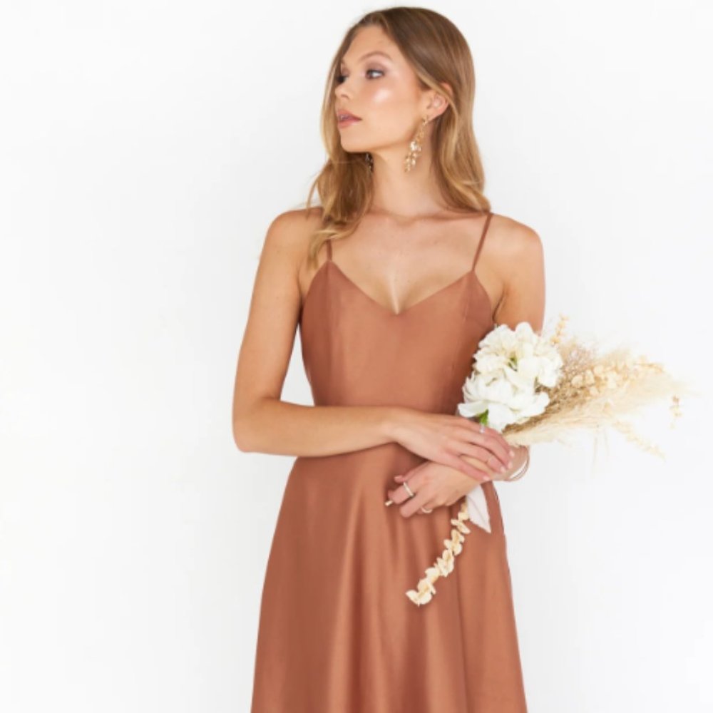 Show Me Your Mumu Faith Maxi Dress Sleeveless Copper Luxe Satin Size XS